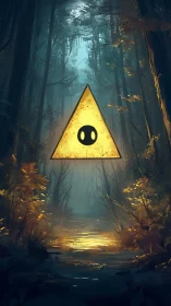 Luminous triangle spirit hovers over misty forest path