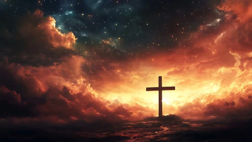 Solar storm of faith blazing around a lone horizon cross.