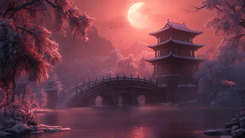 Crimson moon over snow bridge and ancient pagoda temple.