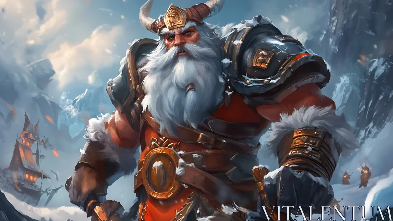 Armored viking warrior in snowy mountain stronghold.