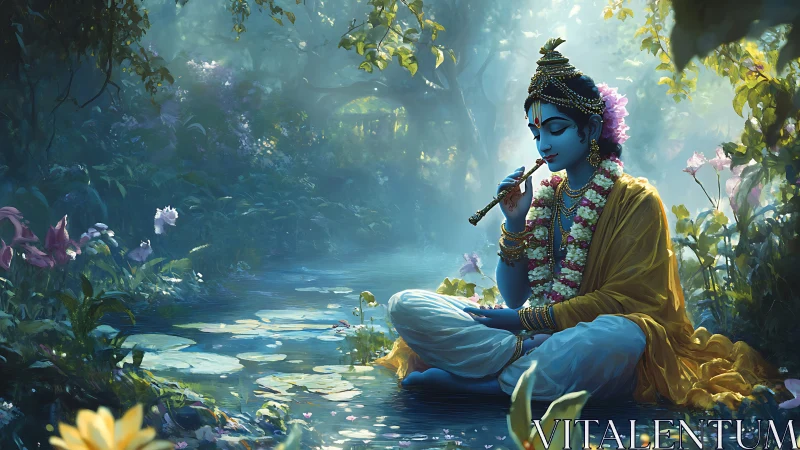 Blue-skinned flute player meditates beside luminous forest pool