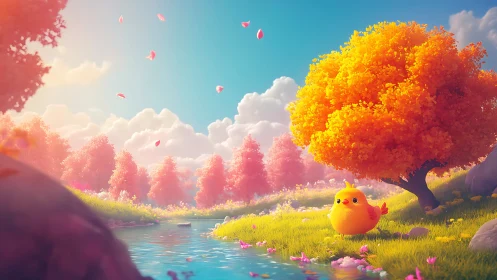 Digital painting of stylized chick beneath luminous spring tree.