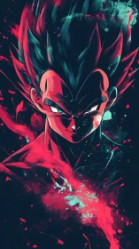 Saiyan warrior portrait in neon crimson energy burst.