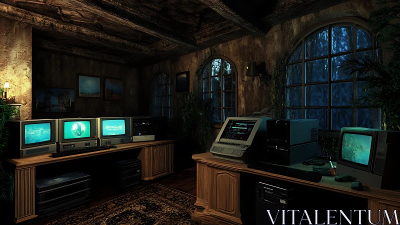 Retro computer workstations in dimly lit wooden office.