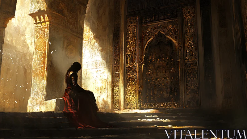 Solitary robed figure before ornate sunlit temple gate.