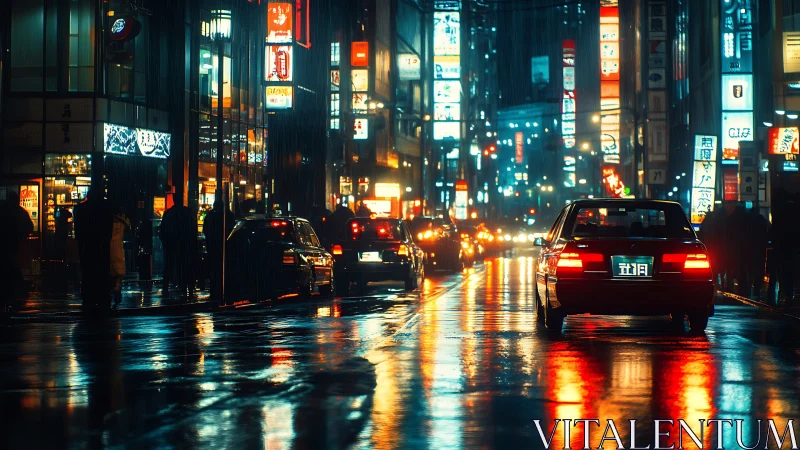 Neon-lit rain-soaked Tokyo street rendered in cinematic cyber-noir
