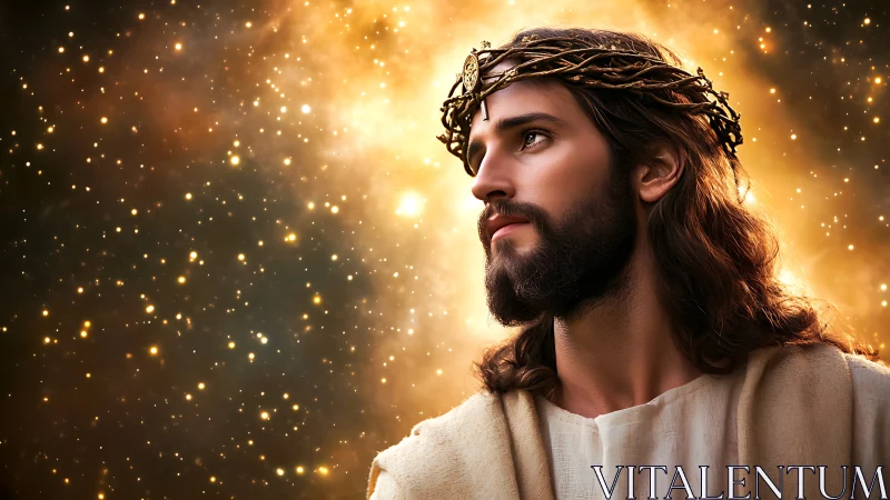 Luminous robed figure with thorn crown against star-filled nebular field