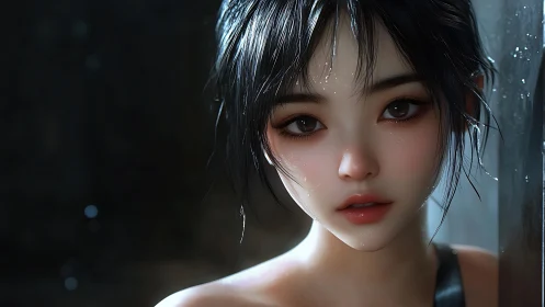 Rainlit gaze of a digital muse in shimmering stillness.