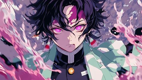 Anime swordsman with glowing pink eyes framed by swirling liquid