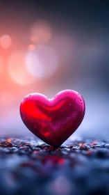 Luminous red heart crystalline form radiates against ethereal bokeh backdrop