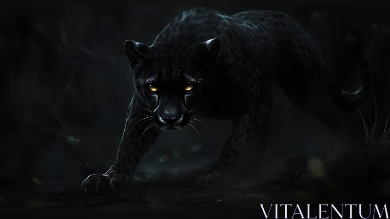 Black Panther Portrait with Amber Eyes in Dark Environment