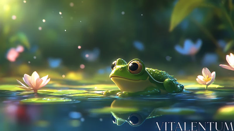 Green tree frog rests on reflective pond amid luminous bokeh