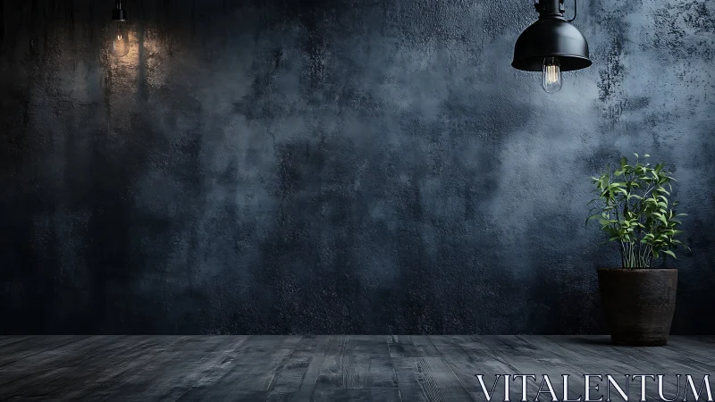 Industrial interior wall with plant and pendant lights.