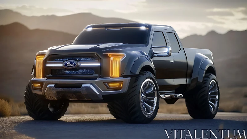 Bold sunset truck concept glowing on quiet desert road.