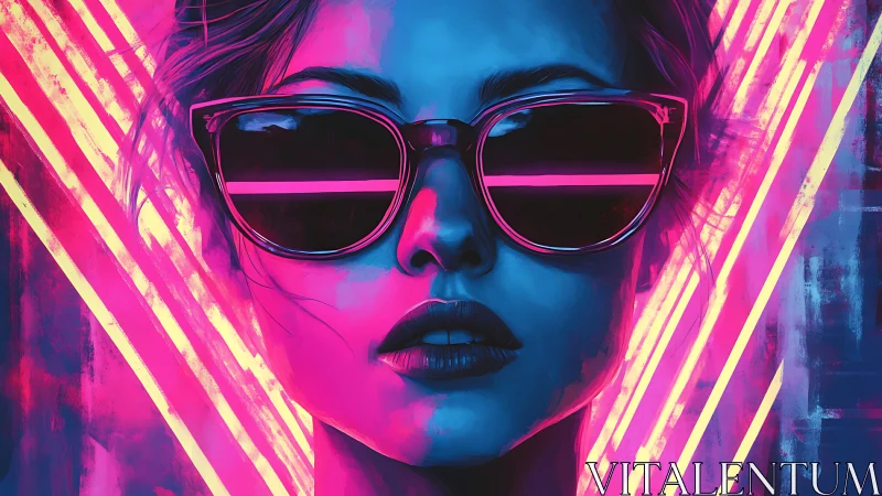 Neon-lit portrait of sunglasses girl in cyber glow.