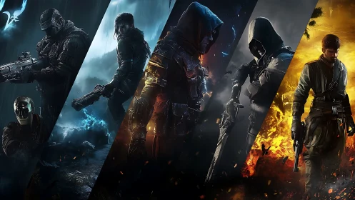 Five armed figures stand in segmented, contrasting environments