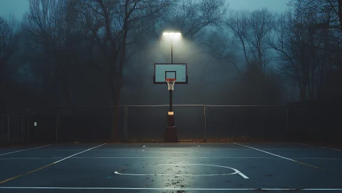 Fog-drenched court glow where a lonely hoop waits.