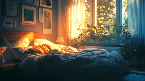 Sunlit sanctuary bedroom drenched in warm, leafy morning glow.