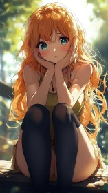 Sunlit anime girl rests in quiet forest daydream.