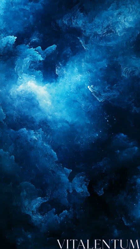 Luminescent blue nebular clouds form an abstract cosmic field