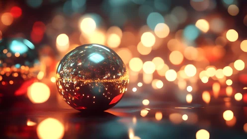 Glass sphere with warm bokeh lights on reflective surface.