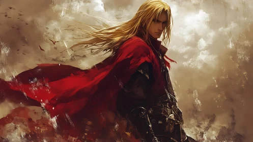 Wind‑swept blonde swordsman in red cloak against storm sky