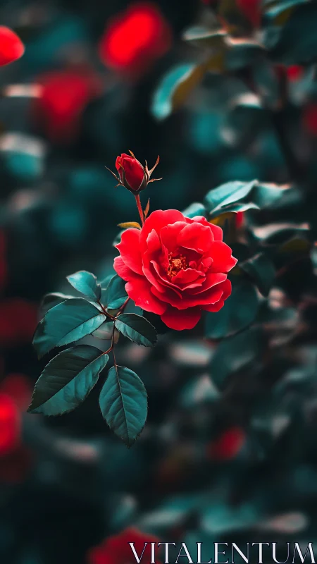 Crimson Rose Blooms in Teal Haze: Garden Romance Unfolds.