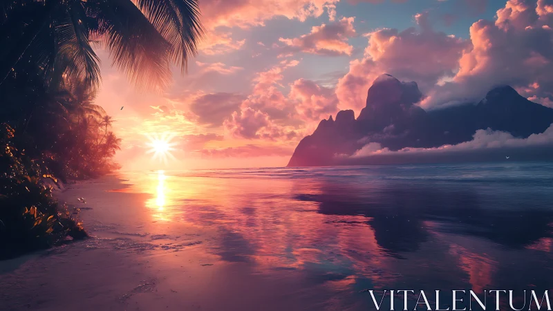 Blushing horizon kisses palm-framed tropical dreamscape.