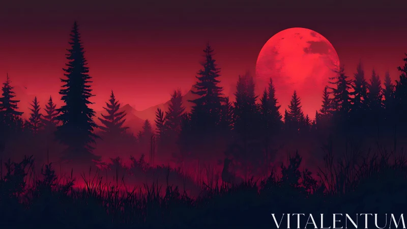 Atmospheric silhouetted forest landscape with oversized red moon during twilight