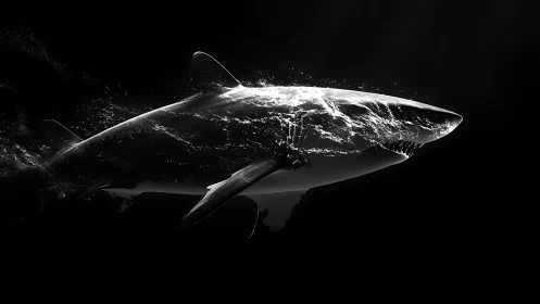 Hydrodynamic great white shark rendered in high-contrast chiaroscuro.