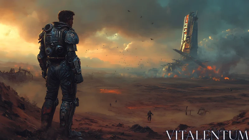 Solitary explorer watching a distant starship ruin burn softly.