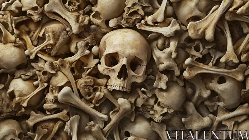 Dense arrangement of human skulls and bones in close view.