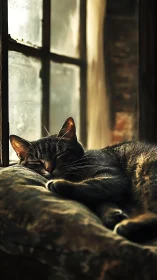 A Peaceful Black Cat Napping in Warm Afternoon Sunlight