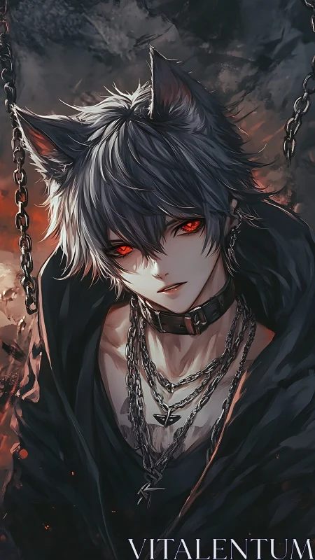 Demonic wolf-eared boy with chains in burning dusk