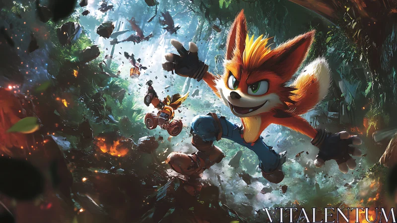 Anthropomorphic fox hero jumps through exploding jungle chasm