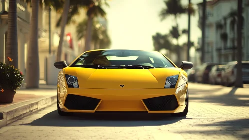 Sunlit supercar prowls palm-lined boulevard in golden armor.