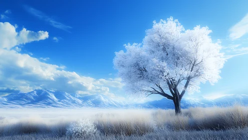 Winter-bright tree stands peacefully against clear blue mountains