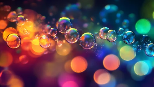 Glowing rainbow bubbles drifting through soft neon night.