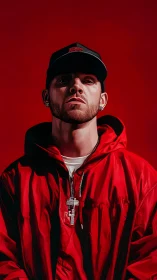 Male figure in red hooded jacket against uniform red field.