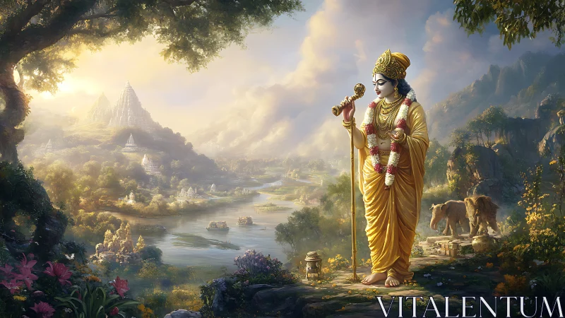 Krishna figure stands by river in lush, idealized landscape