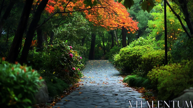Stone garden path curves under vivid autumn tree canopy