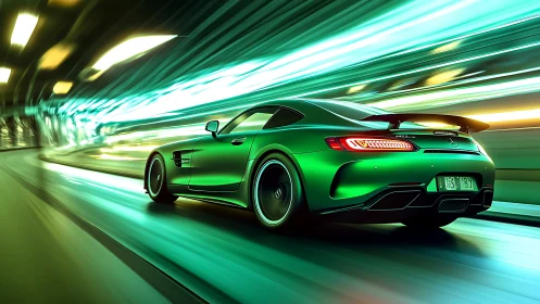 Emerald sports car rockets through neon tunnel at high speed.