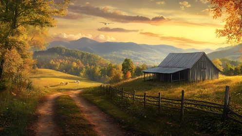 Golden hour farmhouse beside winding rural dirt road.