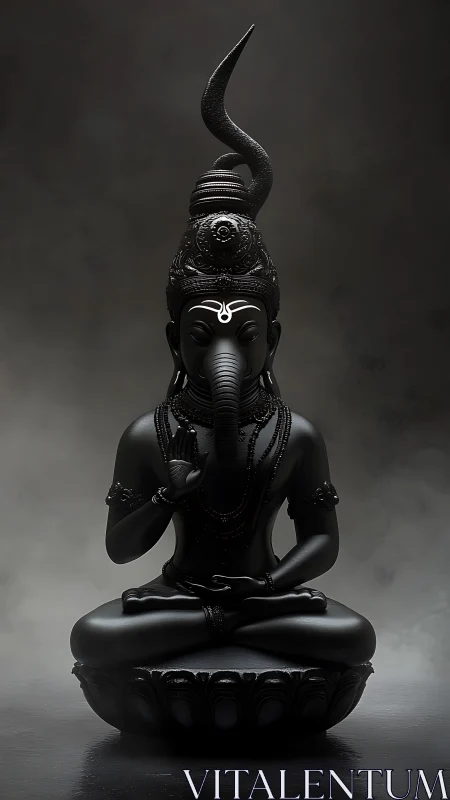 Monolithic black Ganesha sculpture in meditative stillness.