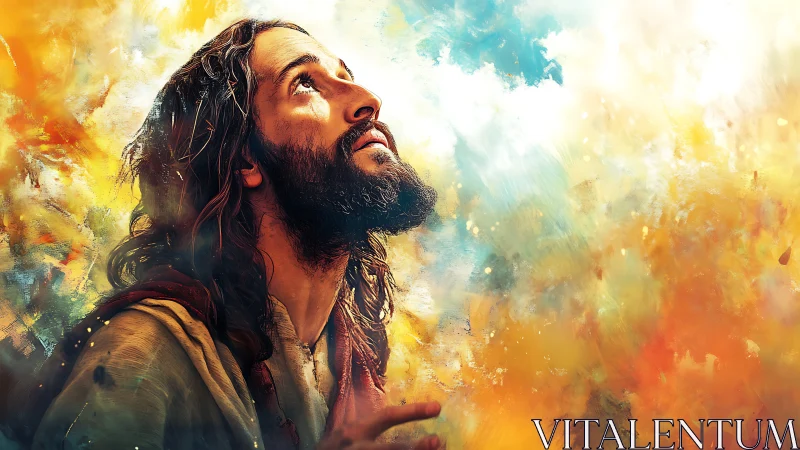 Soft light crowns a serene gaze rising through swirling color