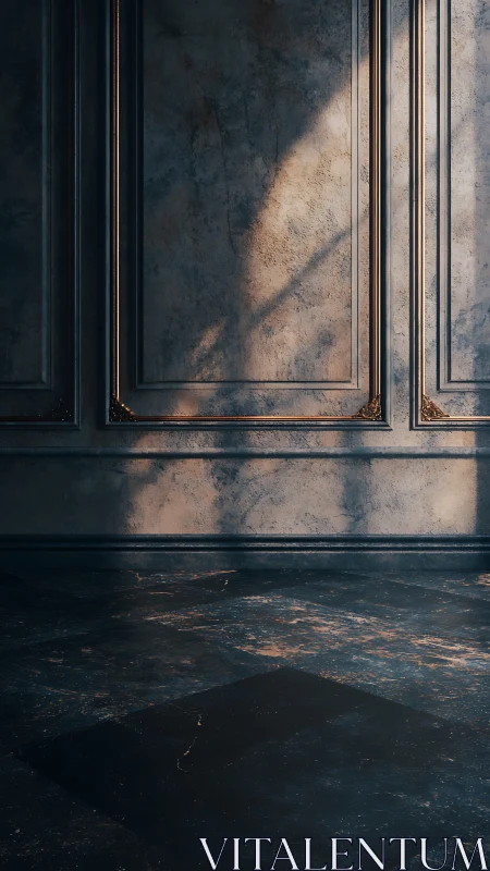 Sunlit classical wall casts moody shadows across stone floor
