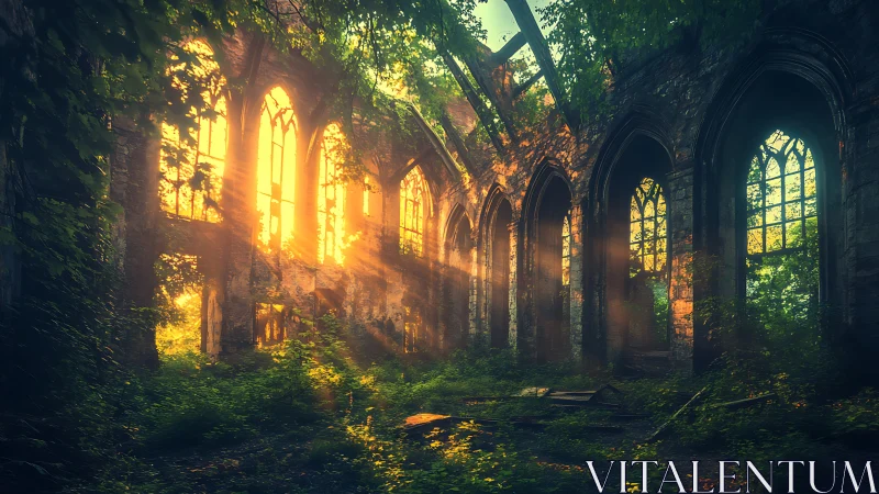 Sunlit overgrown gothic nave with volumetric shafts of golden light
