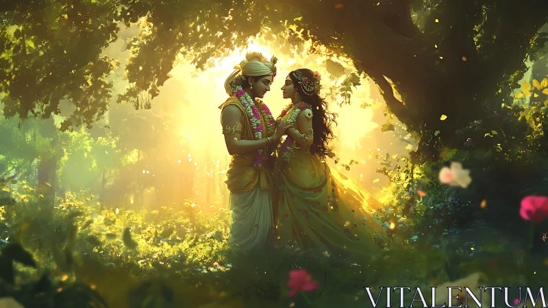 Two figures in traditional garments embrace in luminous garden setting with golden light