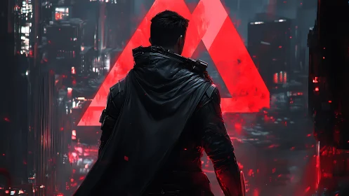 Lone cyber vigilante before blazing red neon sigil.