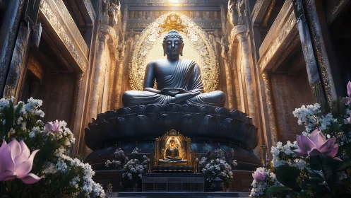 Serene bronze Buddha seated amid gilded temple splendor.